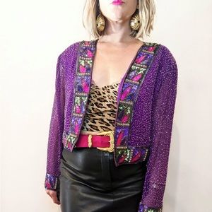 Cropped Purple + Hot Pink Sequin Jacket // Vintage 1990s Open Drapey Bolero S-XL